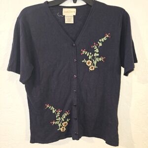 Jaclyn Smith Womens Floral Embroidered Blue Cardigan Sweater Size M Cottagecore